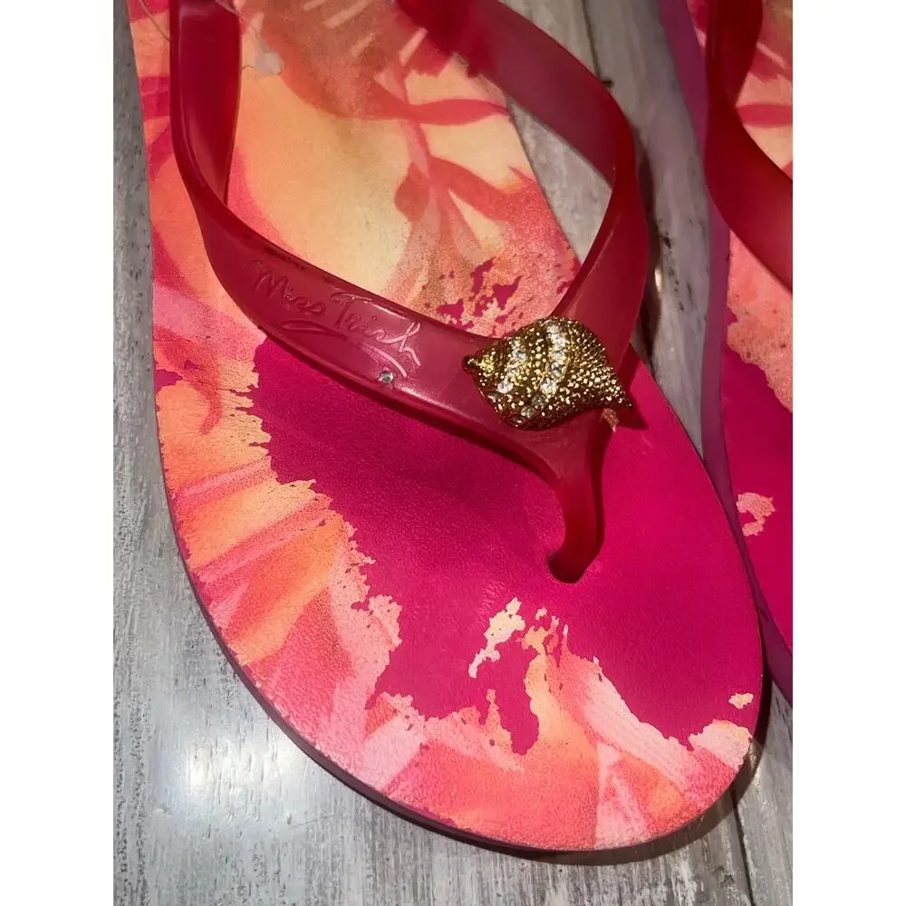 Miss Trish Tropical Pink Shell Rhinestone Flip Flops Y2K Resort Sandals 7